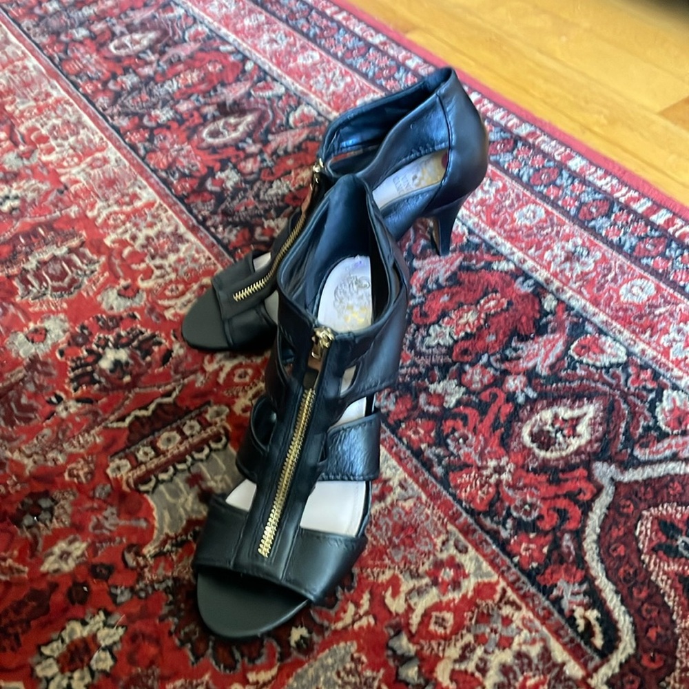 Vince Camuto black leather open toe high heel